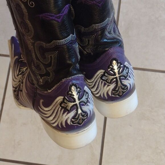 Aguila Real Botas Vaquera Boot leather Point toe western silver cross purple - Picture 4 of 16
